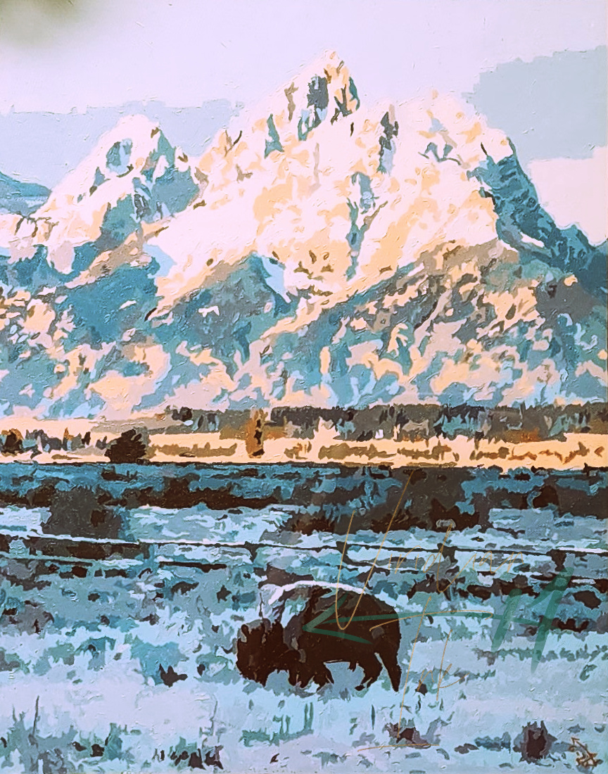 A painting of a bison, dwarfed by the mountainous terrain of Teton National Park